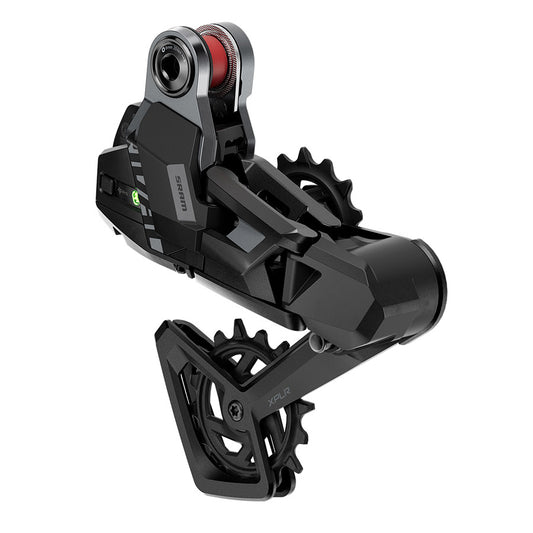 SRAM Rival AXS XPLR E1 rear derailleur for road bikes, black, with 13-speed design and electronic shifting components.