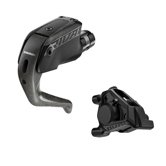 SRAM Rival E1 Aero road hydraulic disc brakes front flat mount black for bicycles, showing brake caliper and rotor detail