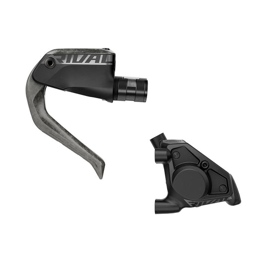 SRAM Rival E1 Aero road hydraulic disc brakes for front flat mount, black finish, mounted on a bicycle.