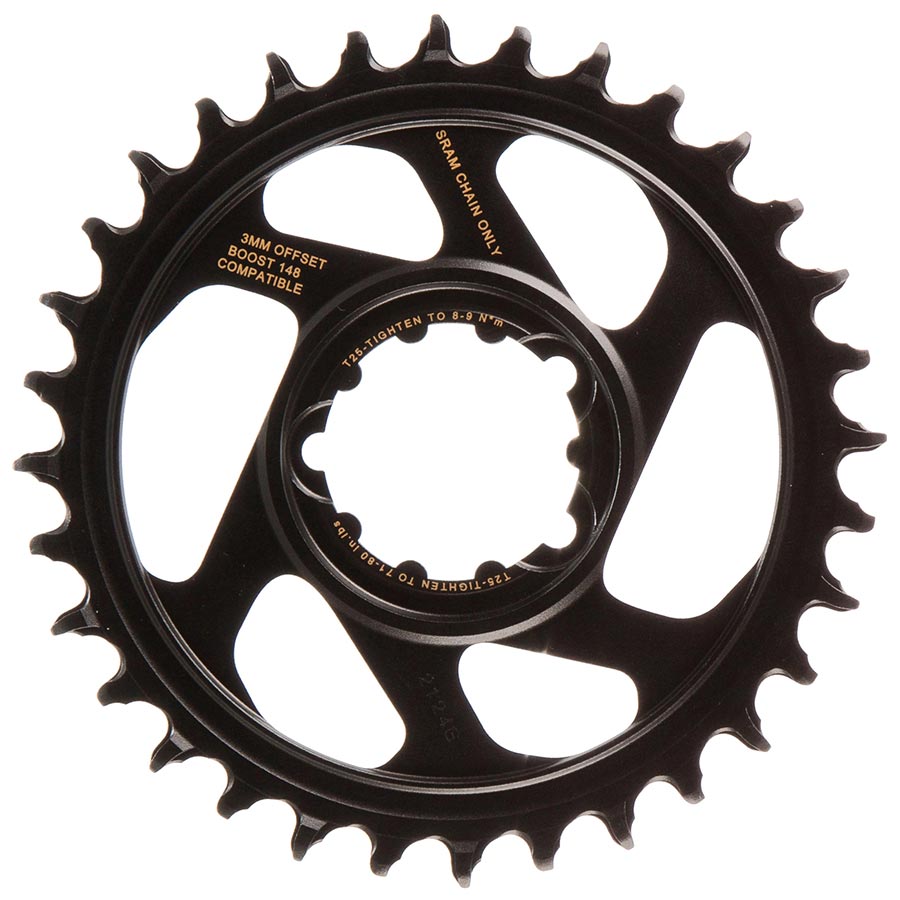 Black SRAM X-Sync 2 Eagle chainring with 30T, 3mm offset, 12-speed BCD, aluminum direct-mount for mountain bike drivetrain