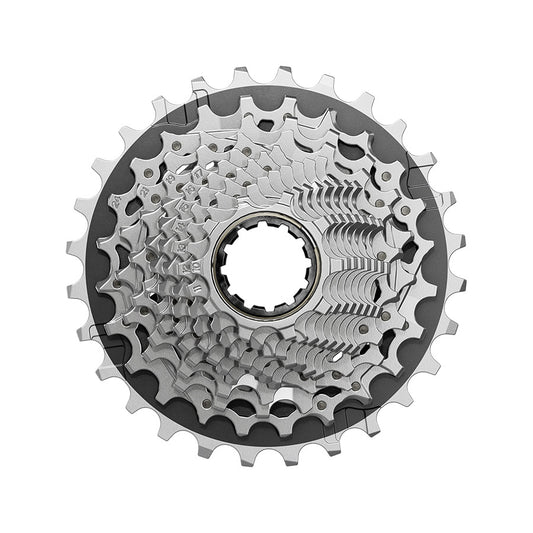 SRAM XG-1270 E1 10-28T cassette with XD-R freehub, metallic finish, and gear teeth visible for mountain biking or road cycling.
