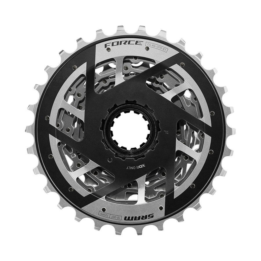 SRAM XG-1270 E1 cassette with 10-28T gear range, XD-R freehub body, shown in close-up on a white background.