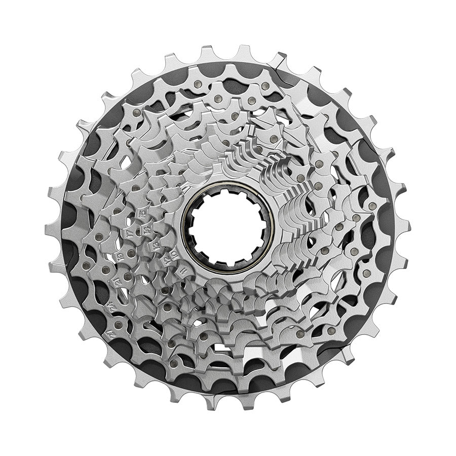 SRAM XG-1270 E1 cassette with 10-28T gear range, designed for SRAM XD-R freehub, shown in a close-up view.