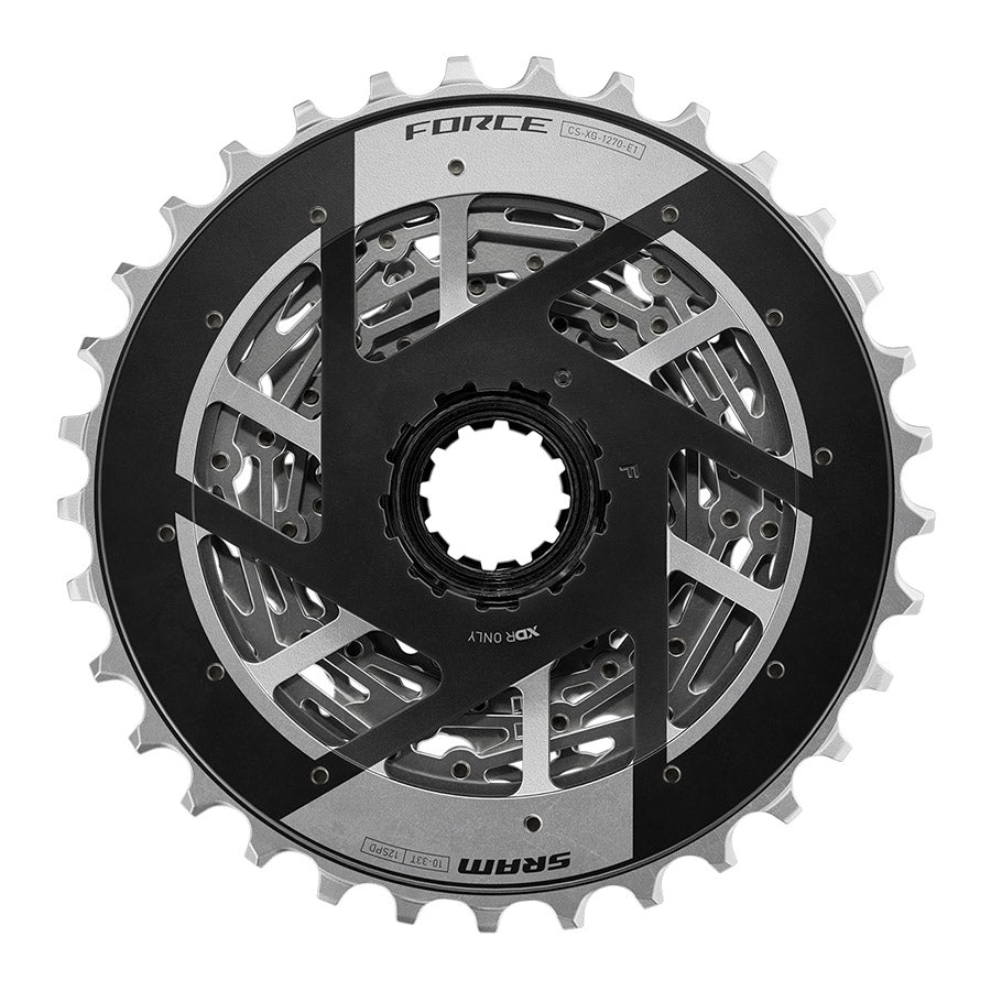SRAM XG-1270 E1 cassette with 10-28T gear range and XD-R freehub, shown in close-up with metallic finish and gear teeth.