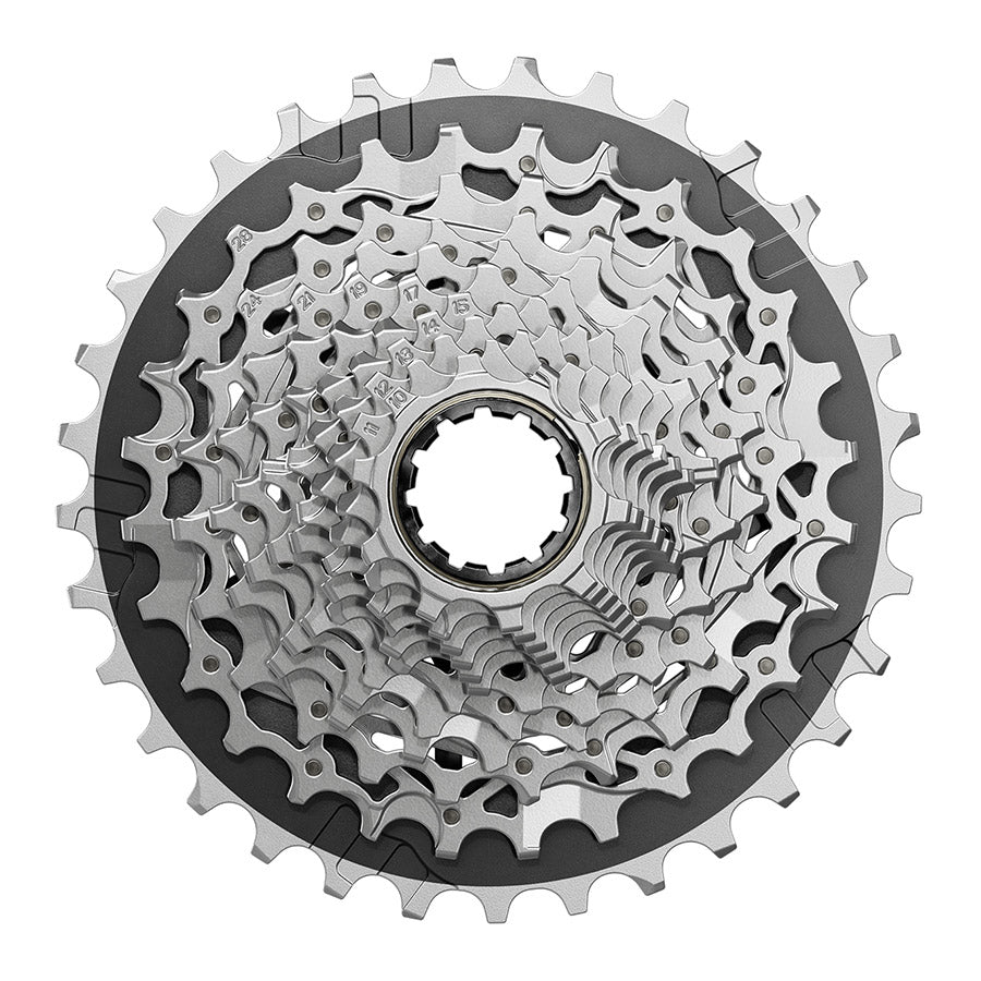 SRAM XG-1270 E1 cassette with 10-28T gear range, XD-R freehub body, black metal cogs for mountain bike drivetrain