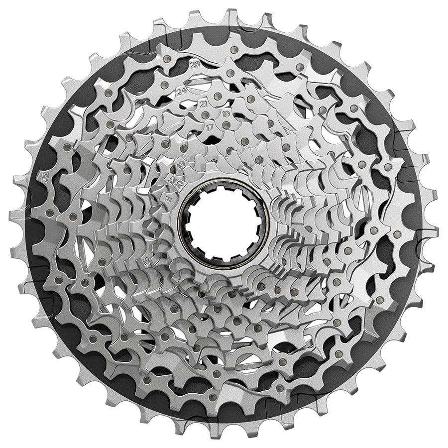SRAM XG-1270 E1 cassette with 10-28T gear range for mountain biking, featuring XD-R freehub body and durable construction.