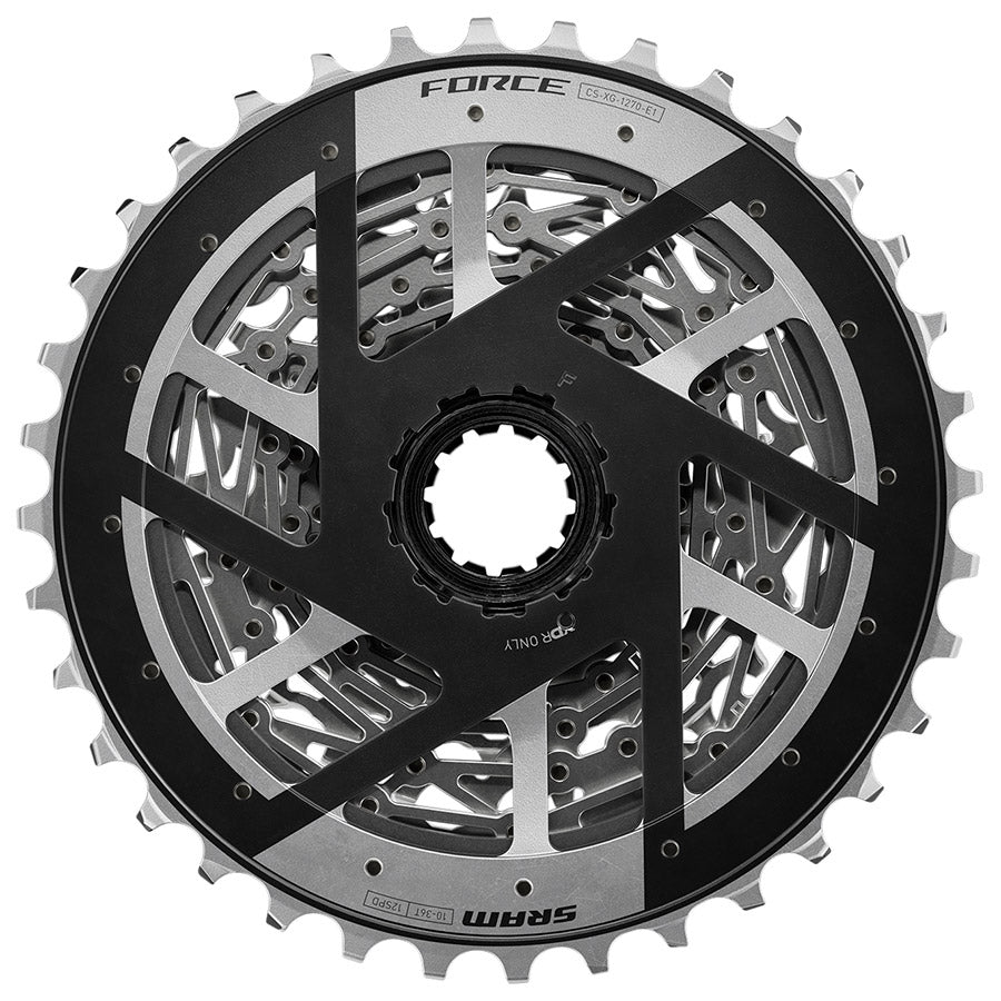 SRAM XG-1270 E1 10-28T cassette for mountain bikes, featuring XD-R driver, shown attached to a drivetrain component.