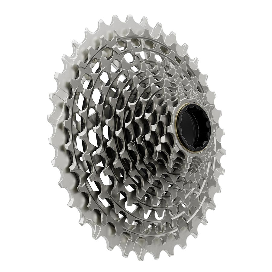 SRAM XG-1290 E1 12-speed cassette in silver with 10-28T gear range, designed for high-performance bike gear shifting.