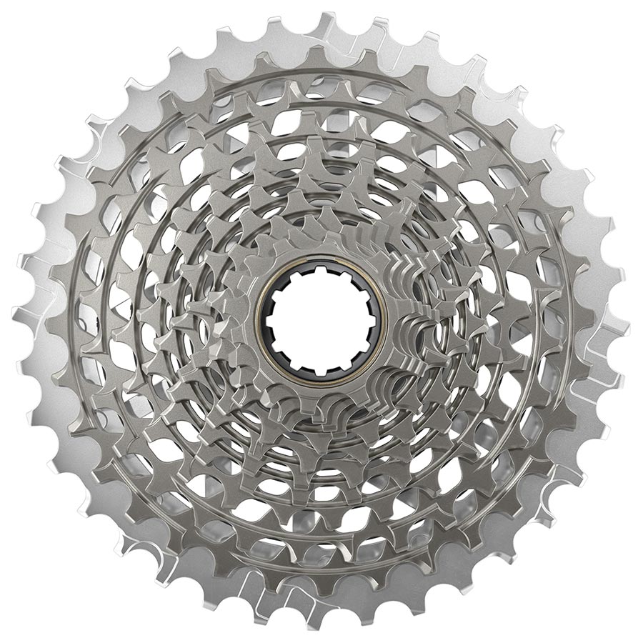 SRAM XG-1290 E1 12-speed cassette in silver with 10-28T gear range, compatible with XD-R freehub, for high-performance mountain biking