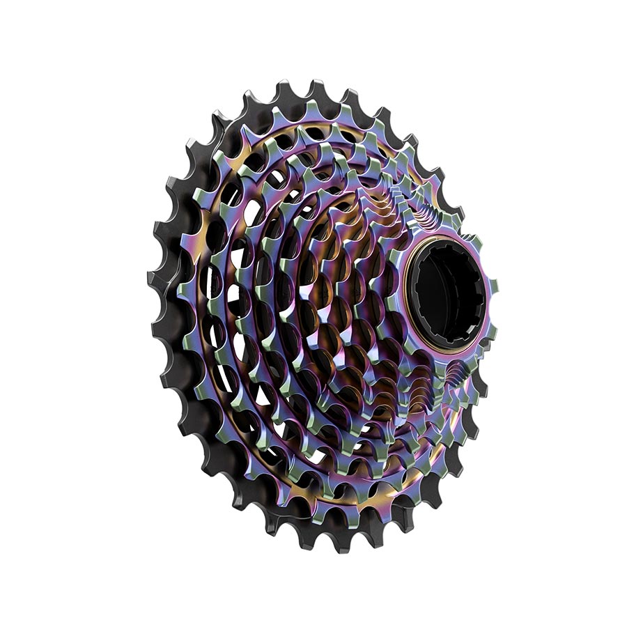 SRAM XG-1290 E1 cassette in silver with 12-10-28T gear teeth, designed for high-performance bicycle drivetrain.