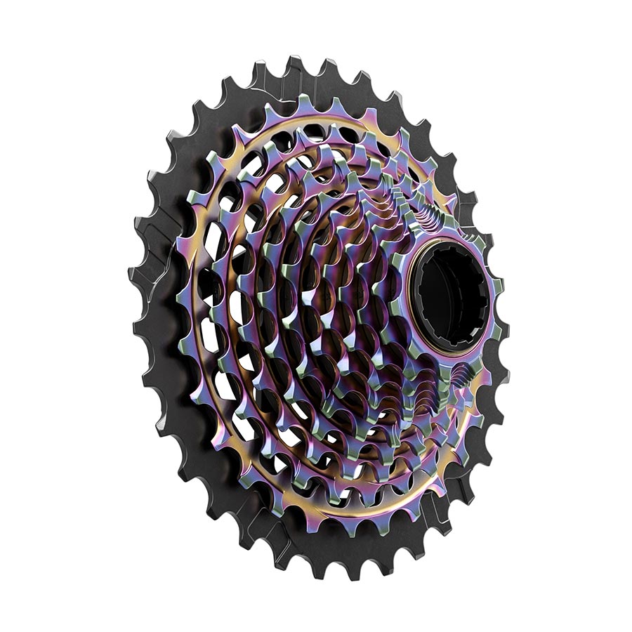 SRAM XG-1290 E1 cassette in silver with 12-10-28 tooth sizes, designed for high-speed mountain biking and road cycling.