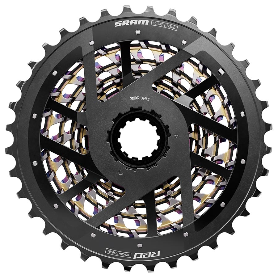 SRAM XG-1290 E1 12-speed cassette in silver with 10-28T gear range, designed for high-performance mountain bike riding.