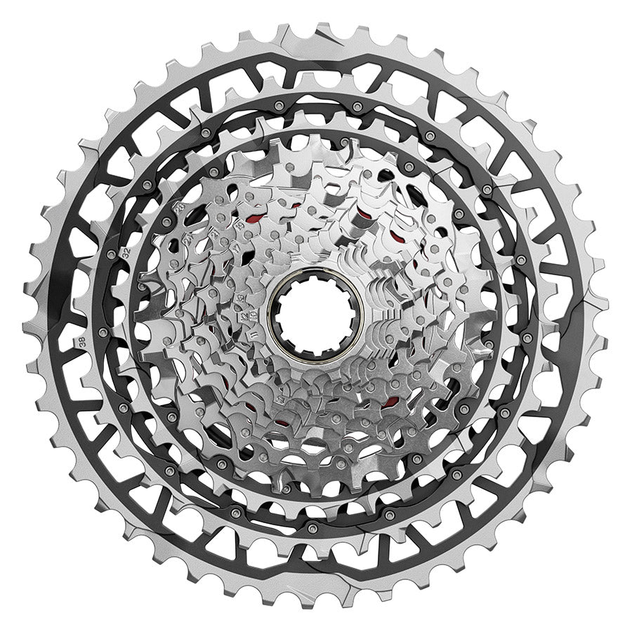 SRAM XG-1371 E1 cassette with 13-10-46T gear range and XD-R freehub for mountain bikes, shown in close-up detail