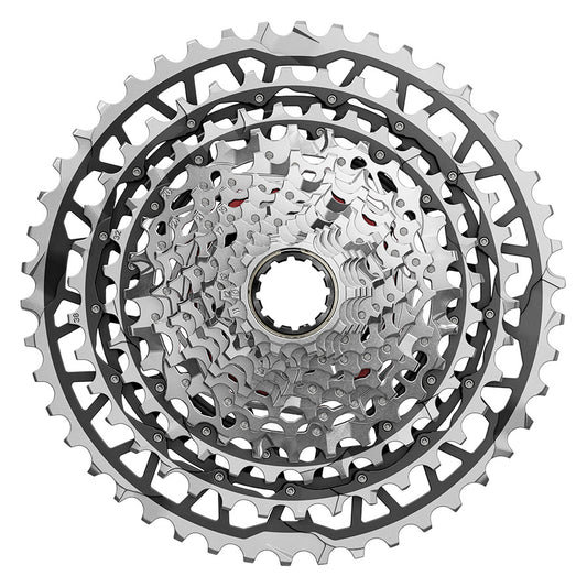 SRAM XG-1371 E1 cassette with 13-10-46T gear range and XD-R freehub for mountain bikes, shown in close-up detail