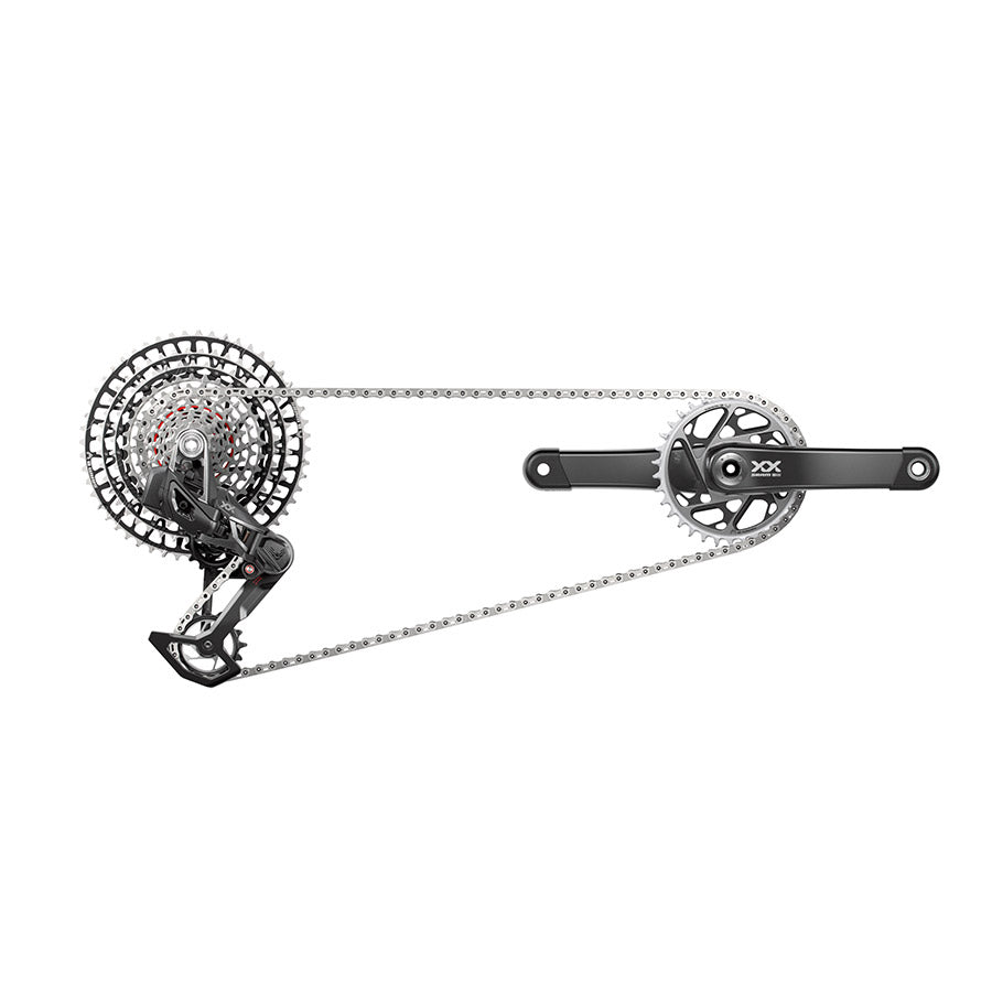 SRAM XX SL T-Type D2 mountain bike front derailleur mounted on a bike, showcasing lightweight design and durable construction.