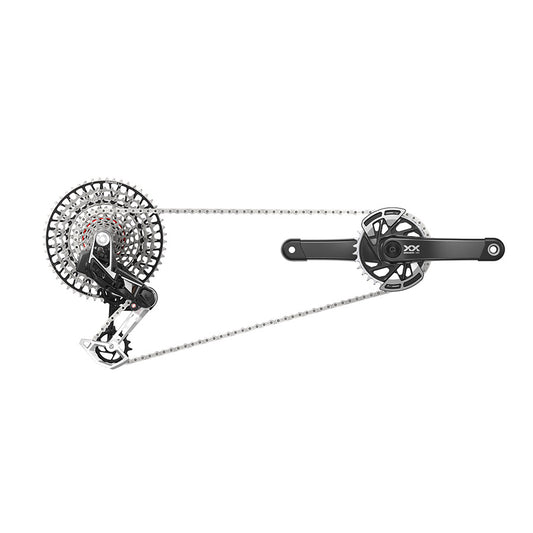 SRAM XX T-Type Eagle D2 mountain bike derailleur in black with silver accents, mounted on a mountain bike.