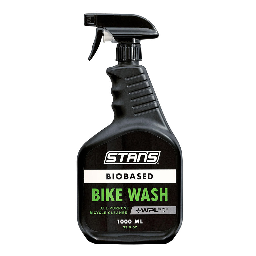 BioBased Bike Wash by Stans No Tubes, 1L, eco-friendly cleaner for bikes, featuring a spray bottle with bike and cleaning solution.