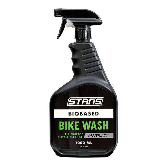 BioBased Bike Wash by Stans No Tubes, 1L, eco-friendly cleaner for bikes, featuring a spray bottle with bike and cleaning solution.