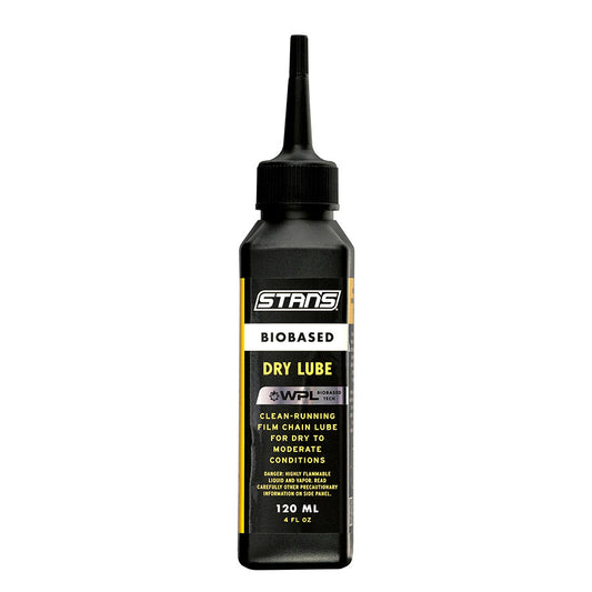 Stans No Tubes BioBased Dry Chain Lube lubricant in a 120ml bottle, designed for bicycle chains and dry conditions.