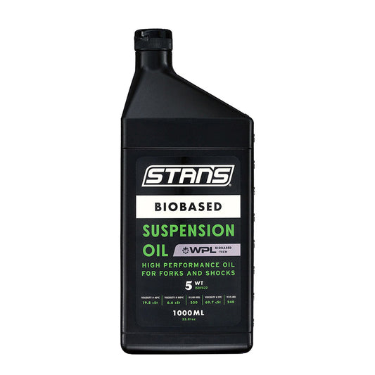 Stans No Tubes BioBased Suspension Oil 2.5WT, 1L bottle, biodegradable, non-toxic, PTFE-free suspension oil for bicycles.