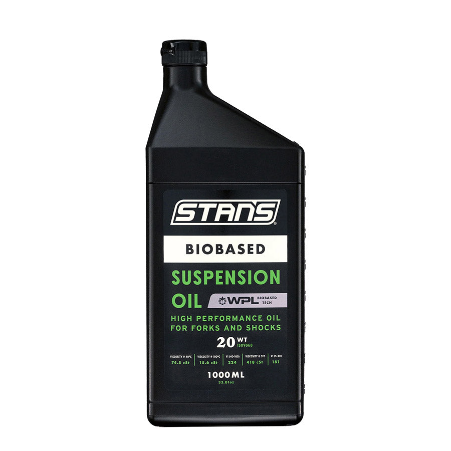 Stans No Tubes BioBased Suspension Oil 2.5WT 1L bottle, biodegradable, non-toxic, Teflon-free suspension oil for bicycles.