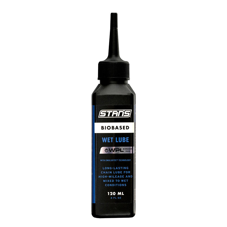 Stans No Tubes BioBased Wet Chain Lube lubricant in a 120ml bottle, designed for bike chains, providing durable wet lubrication.