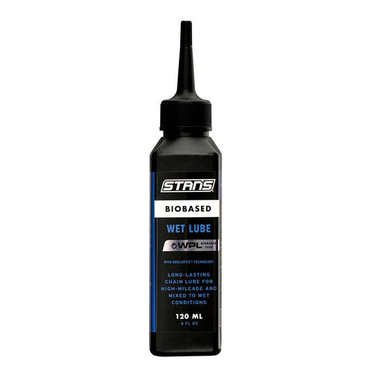 Stans No Tubes BioBased Wet Chain Lube lubricant in a 120ml bottle, designed for bike chains, providing durable wet lubrication.