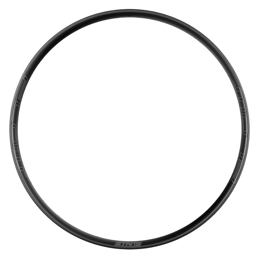 Black Stans No Tubes Flow MK4 26-hole mountain bike rims, durable alloy design for off-road cycling.