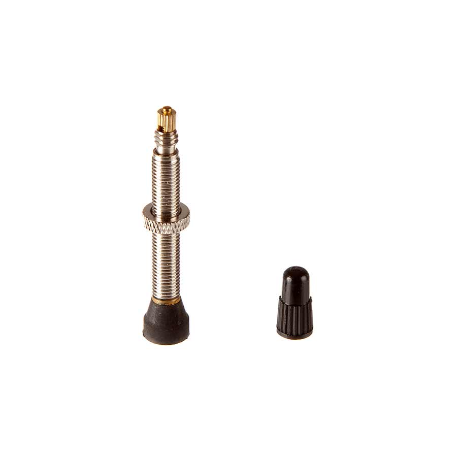 Stans No Tubes 35mm Presta tubeless valve for bicycle wheels, featuring a black metal construction and rubber base for sealing.