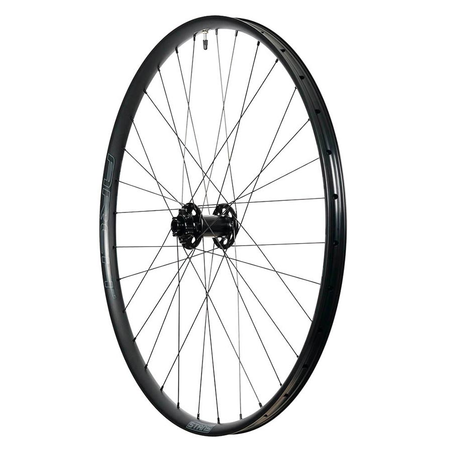 Front view of Stans No Tubes Arch MK4 27.5-inch mountain bike wheels with 32 spokes, 15mm thru-axle, and 6-bolt disc mount.