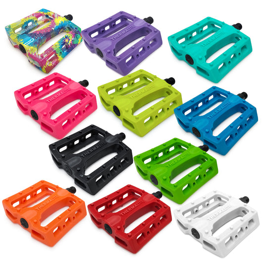 STLNbikes Thermalite platform pedals with tie-dye design, durable metal construction, and adjustable pins for bike cycling.