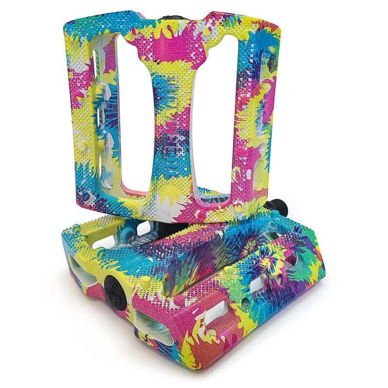 STLNbikes Thermalite platform pedals with tie-dye design, durable bike pedals for mountain and road cycling.