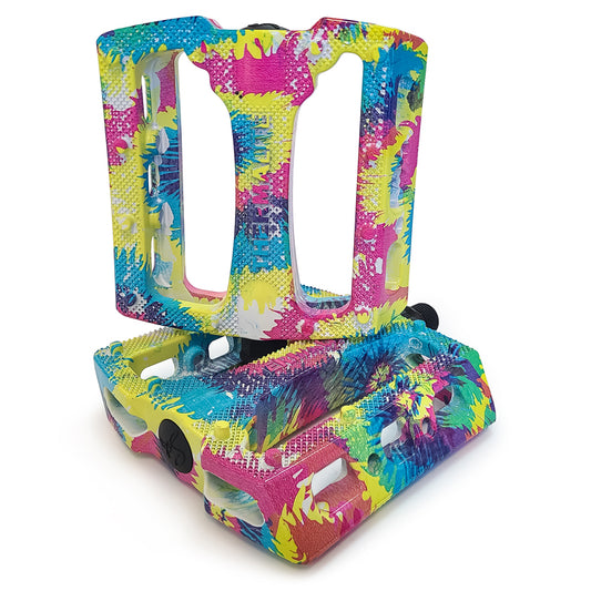 STLNbikes Thermalite platform pedals with tie-dye design, durable bike pedals for mountain and road cycling.