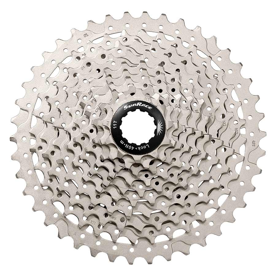 Sunrace CSMS2 cassette with 11-42T gear range, featuring durable metal sprockets for mountain bike performance.