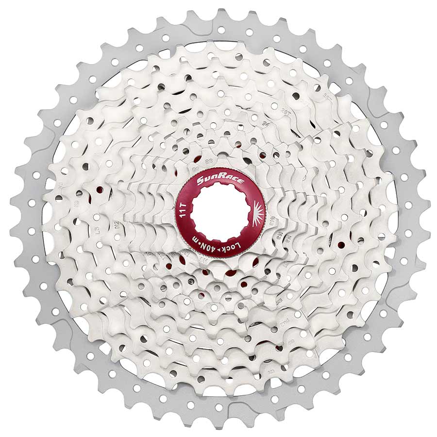 Sunrace CSMX8 cassette with 11-46T gear range, black metal cogs for mountain bike gearing, detailed close-up image