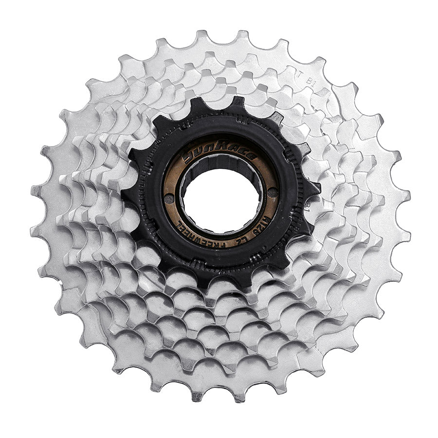 Sunrace MFM2A freewheel with 7-speed 14-28T gear range, shown on a bicycle wheel for smooth riding performance.