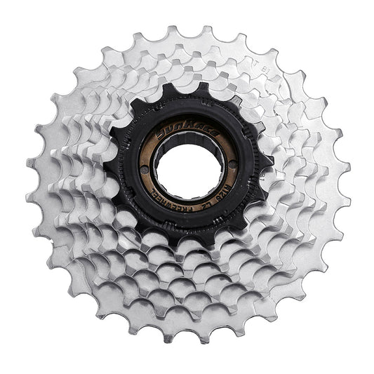 Sunrace MFM2A freewheel with 7-speed 14-28T gear range, shown on a bicycle wheel for smooth riding performance.