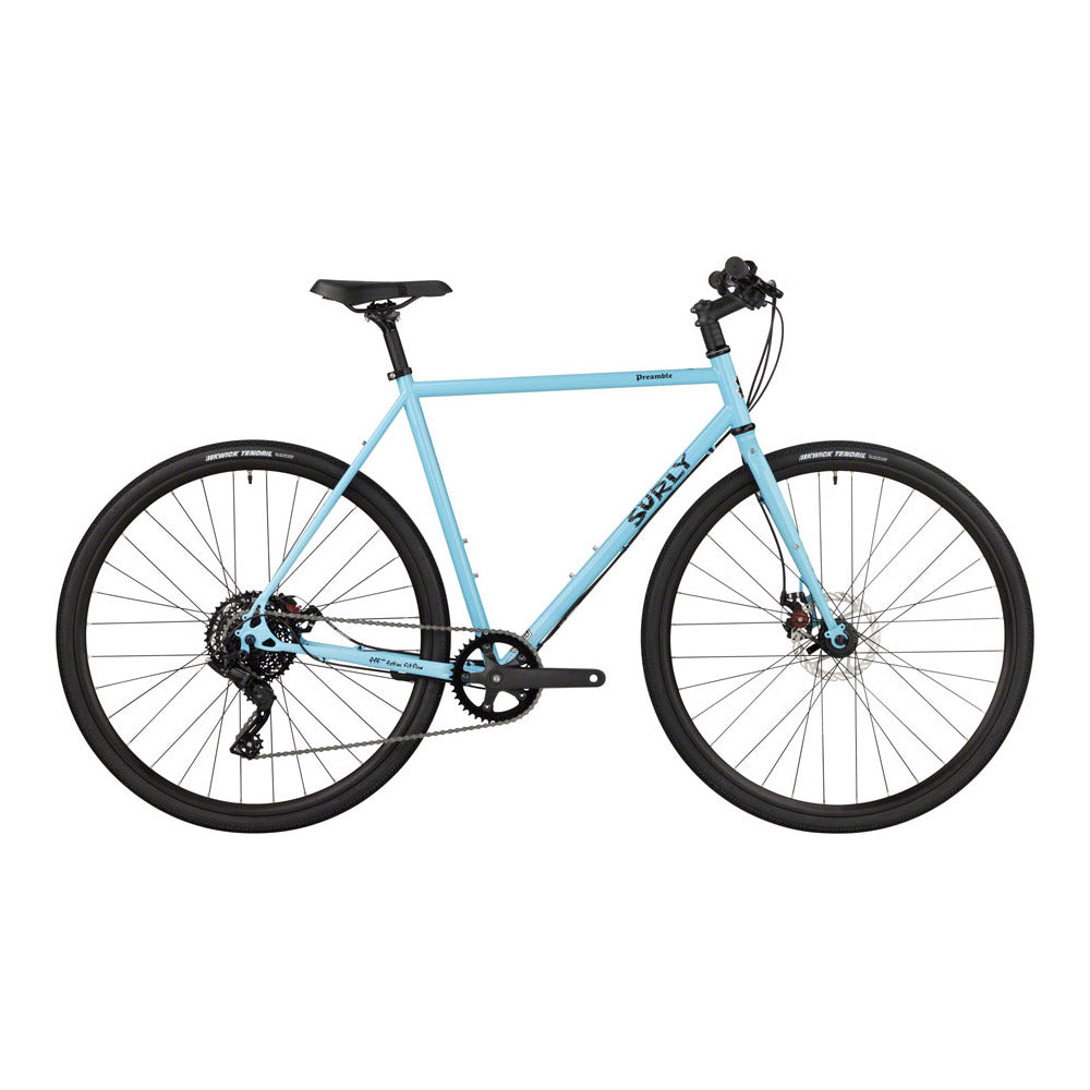 Surly Preamble gravel and commuter bike in hi-viz black, 700c wheels, compact frame, and urban-ready design.