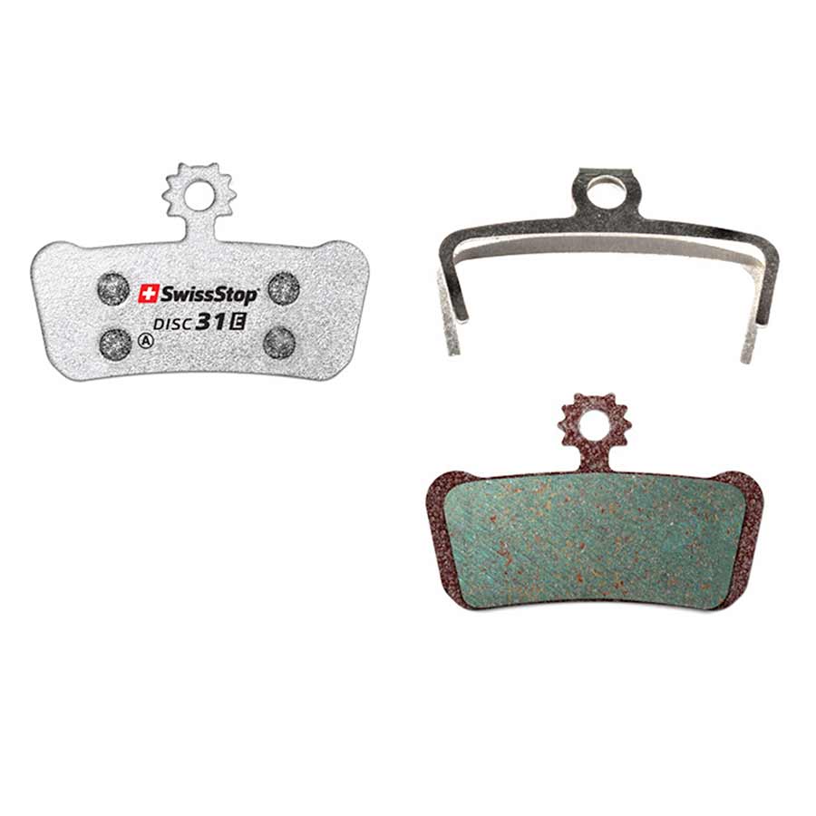 SwissStop Disc Brake Pads for Deore and BR-MT410 bikes, organic pair brake pads with shape E design for reliable stopping power.