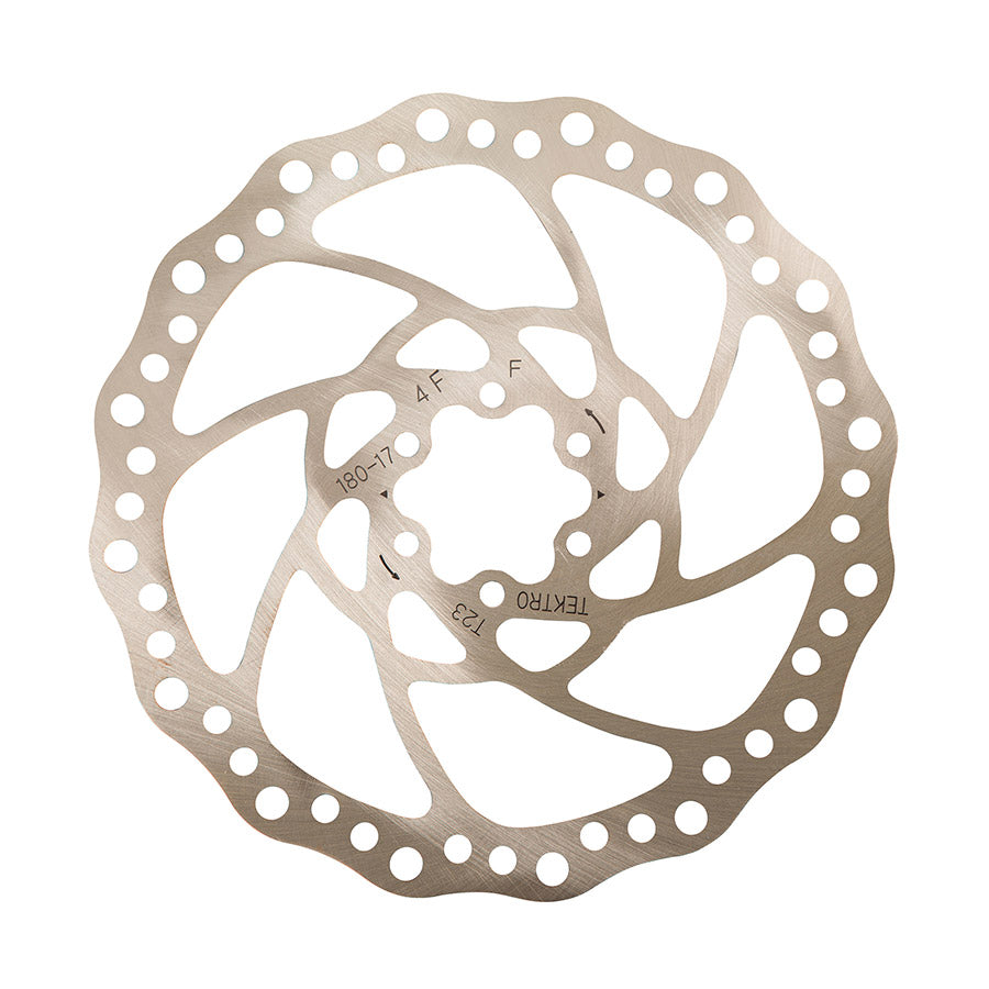 Tektro TR-17 disc brake rotor with 160mm ISO 6-bolt mount, metal construction, and detailed surface pattern.