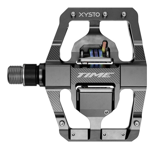 TIME Xysto A1 clipless MTB pedals with aluminum body and steel spindle, shown in grey, suitable for mountain biking.