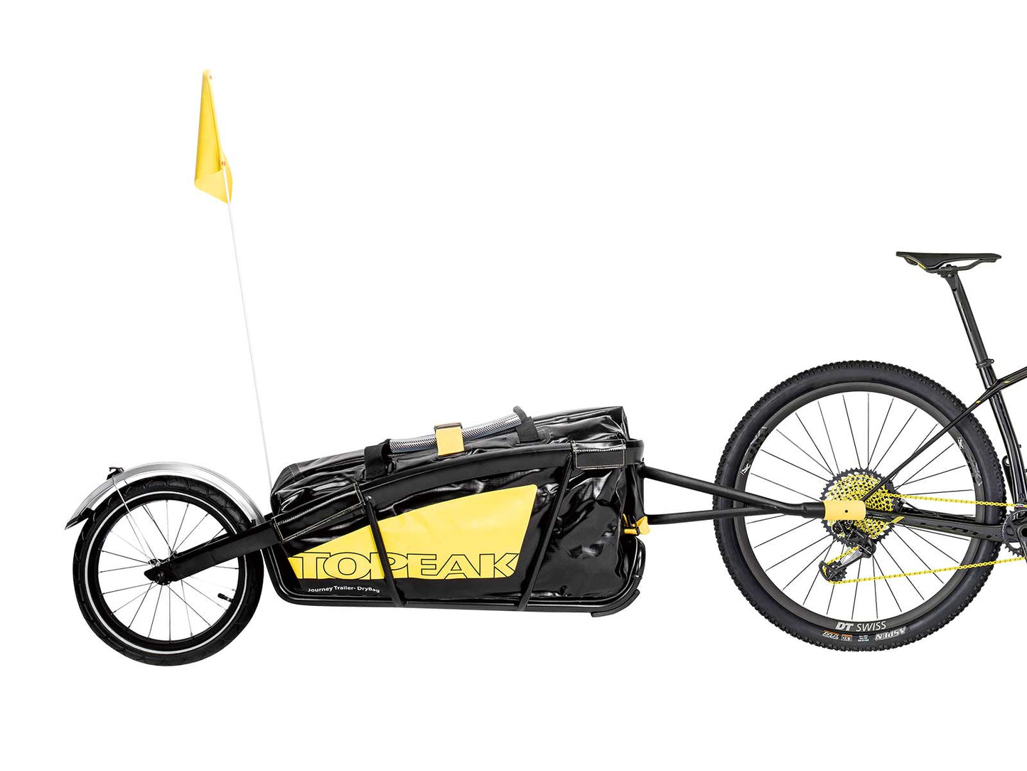 Topeak Journey TX Thru-Axle Trailer attached to a bicycle, showcasing a durable bike trailer for transporting gear.