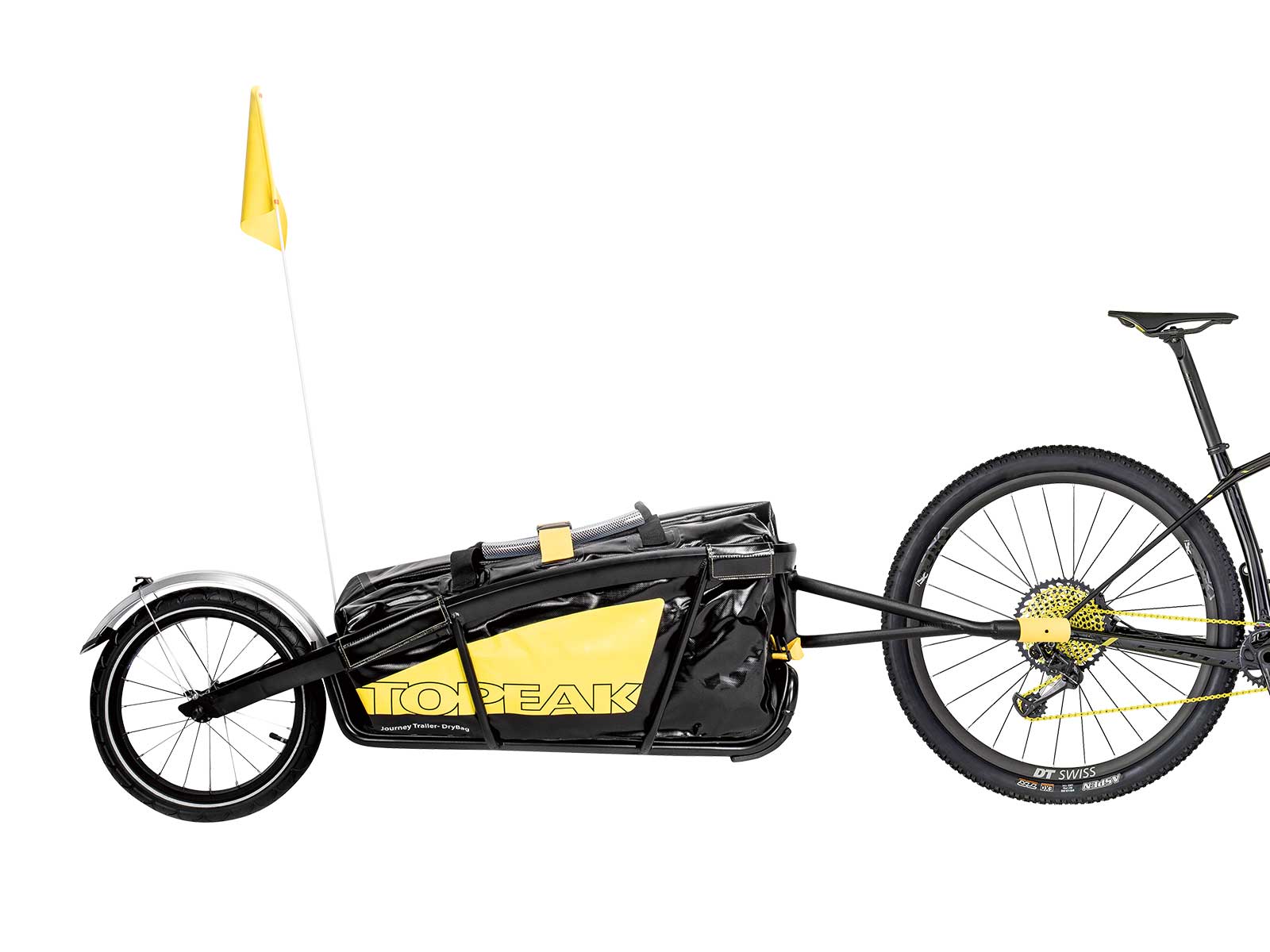 Topeak Journey TX Thru-Axle Trailer attached to a bicycle, showcasing a durable bike trailer for transporting gear.
