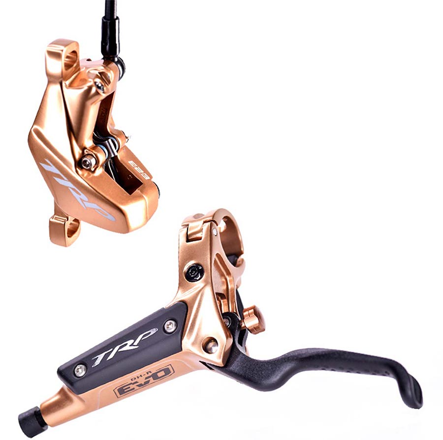 TRP DH-R EVO MTB hydraulic disc brake caliper in silver, right post-mount, lightweight and designed for mountain biking.
