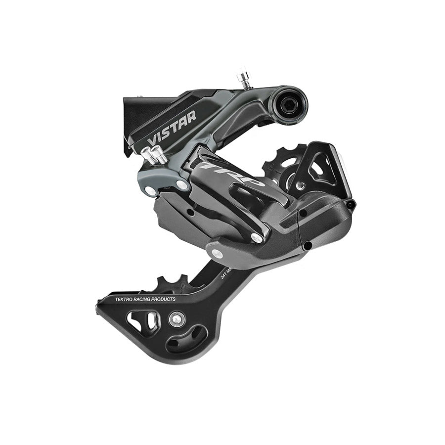 TRP VISTAR RD-C8000E wireless rear derailleur for road bikes, black with battery charger, 12-speed Shimano compatible.