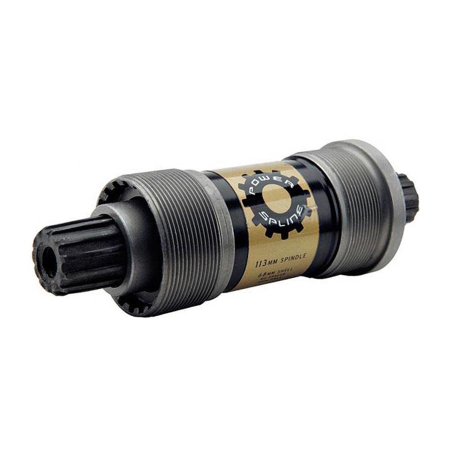 Silver Truvativ Power Spline splined bottom bracket with 68mm shell and 113mm spindle, used for bike cranksets.