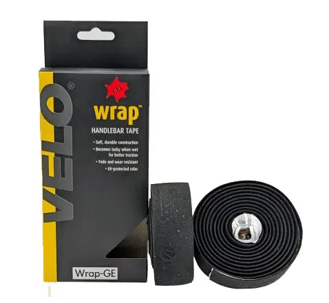 Black Velo handlebar tape with gel padding, designed for comfortable grip on bicycle handlebars.