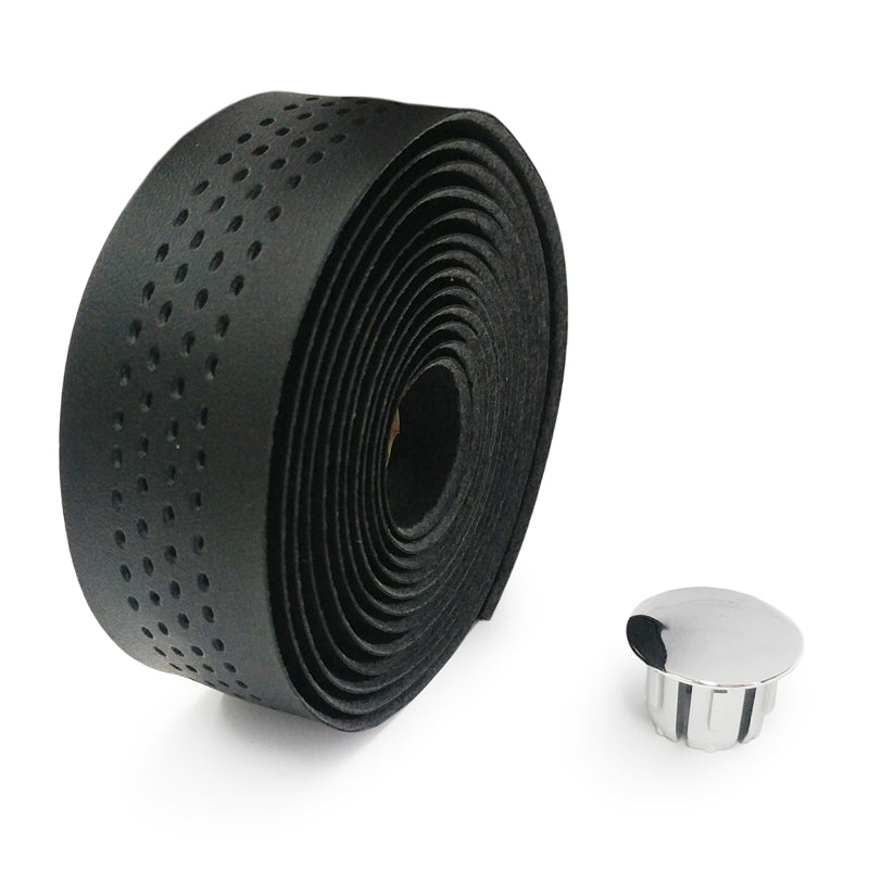 Black Velo handlebar tape with gel cushioning for comfortable grip on bicycle handlebars.