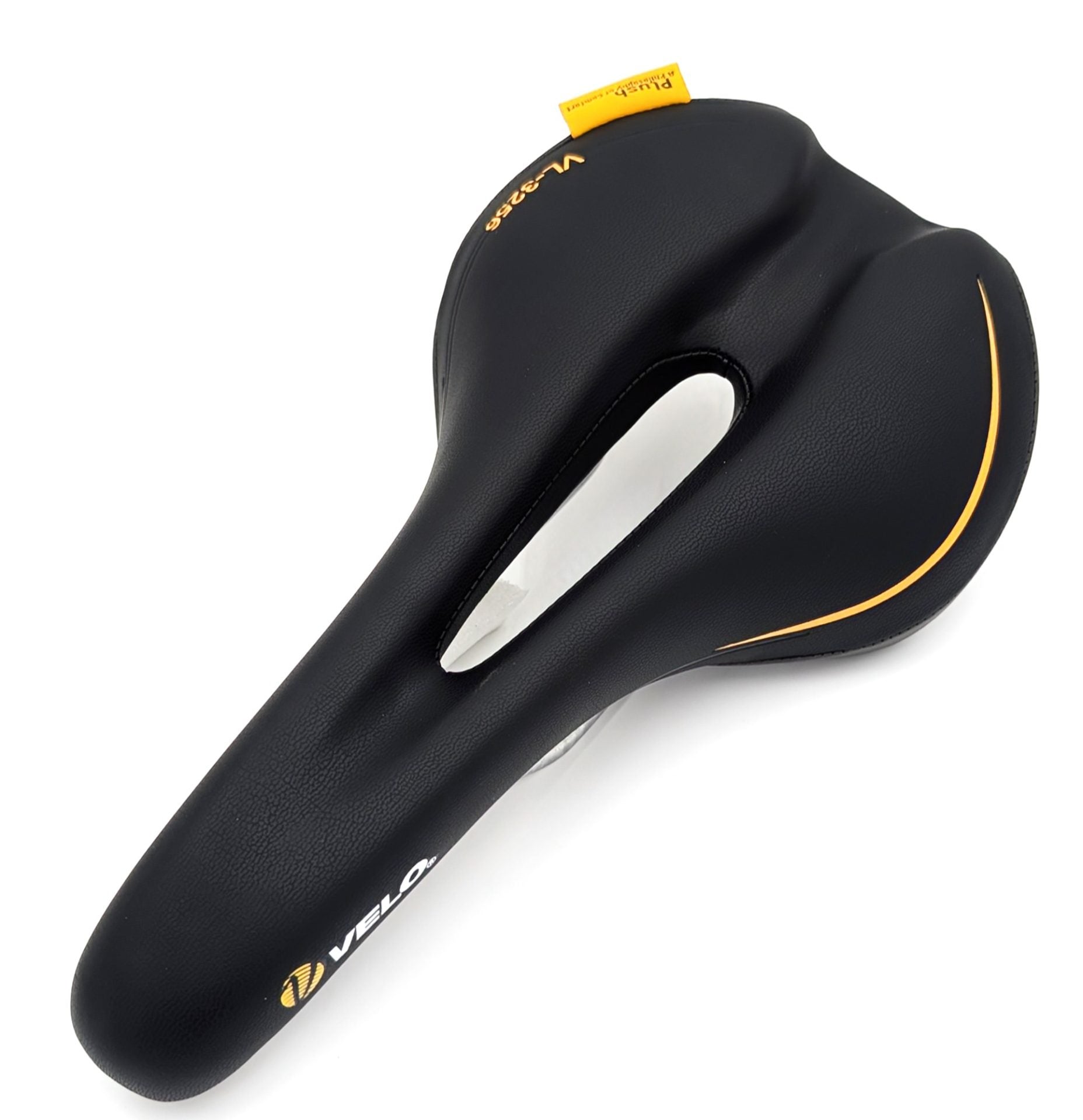 Velo Plush Saddle for bicycles, 278mm x 150mm, featuring a cushioned design for comfortable riding.