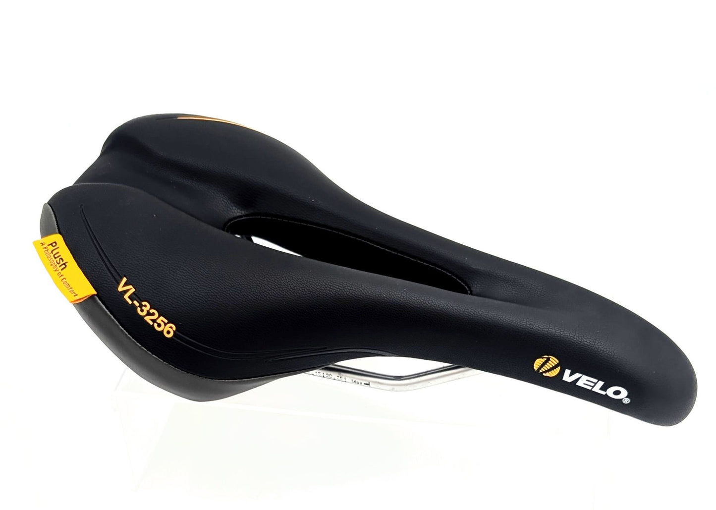 Velo Plush Saddle showing a close-up of the saddle with a plush padded surface and sleek design, measuring 278mm by 150mm.